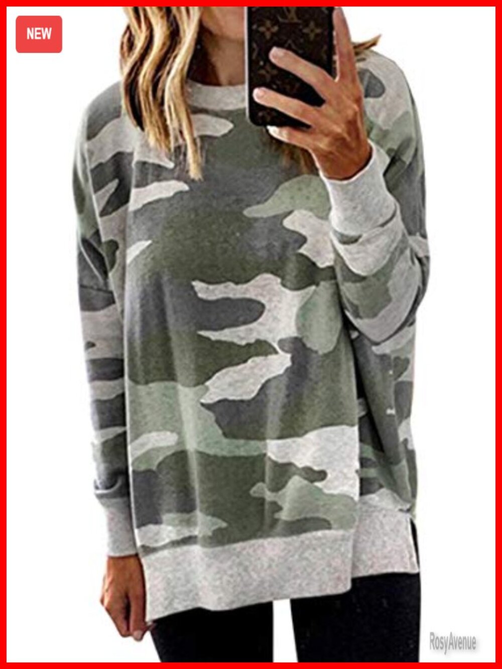 ECOWISH Women Crewneck Oversized Camo Sweatshirt Side Slit Pullover